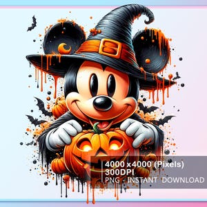 May include: A digital illustration of a cartoon mouse wearing a witch hat and holding a carved pumpkin. The mouse is smiling, surrounded by bats and pumpkins, with orange paint drips. The image has the text "4000 x 4000 (Pixels) 300DPI PNG INSTANT DOWNLOAD".