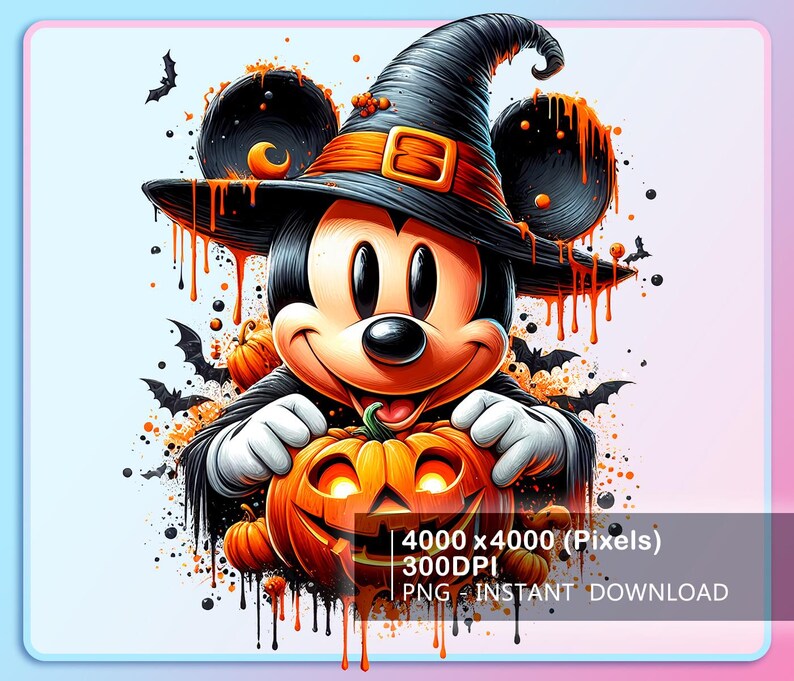 May include: A digital illustration of a cartoon mouse wearing a witch hat and holding a carved pumpkin. The mouse is smiling, surrounded by bats and pumpkins, with orange paint drips. The image has the text "4000 x 4000 (Pixels) 300DPI PNG INSTANT DOWNLOAD".