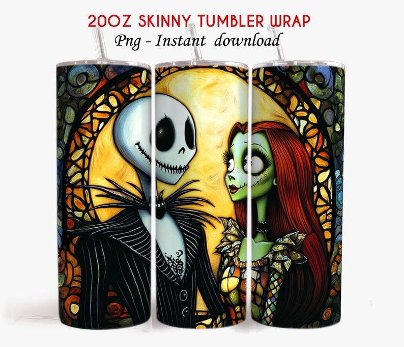 Puede incluir: Un dise&ntilde;o digital de estilo vitral con Jack Skellington y Sally de Pesadilla antes de Navidad. El dise&ntilde;o es perfecto para una envoltura de vaso delgado de 20 oz.