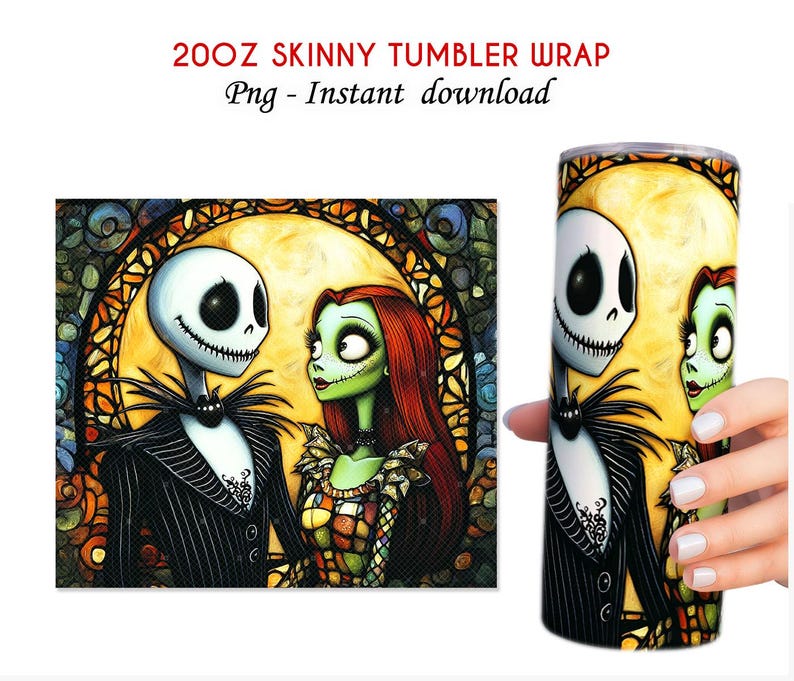 Puede incluir: Una envoltura para vaso skinny de 20 oz con una ilustraci&oacute;n de estilo vitral de Jack Skellington y Sally de la pel&iacute;cula Pesadilla antes de Navidad. El dise&ntilde;o est&aacute; en tonos de verde, negro, blanco y rojo.