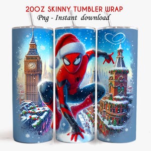 May include: A 20oz skinny tumbler wrap featuring a festive design. The tumbler showcases Spider-Man in a Santa hat against a snowy cityscape with Big Ben. The text "20OZ SKINNY TUMBLER WRAP" and "Png - Instant download" are visible.