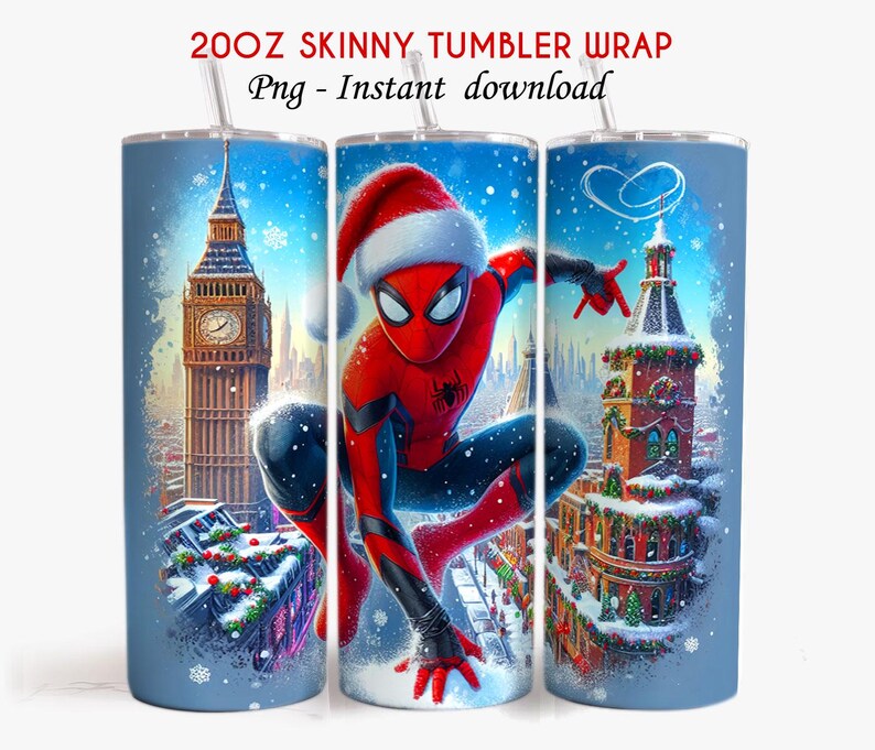 May include: A 20oz skinny tumbler wrap featuring a festive design. The tumbler showcases Spider-Man in a Santa hat against a snowy cityscape with Big Ben. The text "20OZ SKINNY TUMBLER WRAP" and "Png - Instant download" are visible.