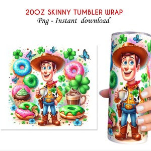 May include: A 20 oz skinny tumbler wrap featuring a cartoon character with a cowboy hat, holding a cup of coffee. The design includes donuts, shamrocks, and butterflies on a white background.