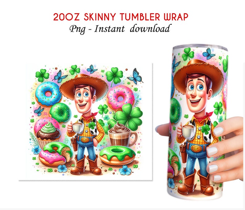 May include: A 20 oz skinny tumbler wrap featuring a cartoon character with a cowboy hat, holding a cup of coffee. The design includes donuts, shamrocks, and butterflies on a white background.