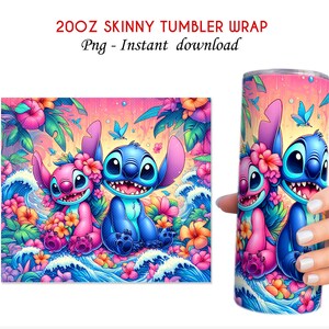 May include: A 20oz skinny tumbler wrap featuring a colorful illustration of two cartoon characters, one blue and one pink, surrounded by tropical flowers and waves. The design includes the text "20OZ SKINNY TUMBLER WRAP Png - Instant download".