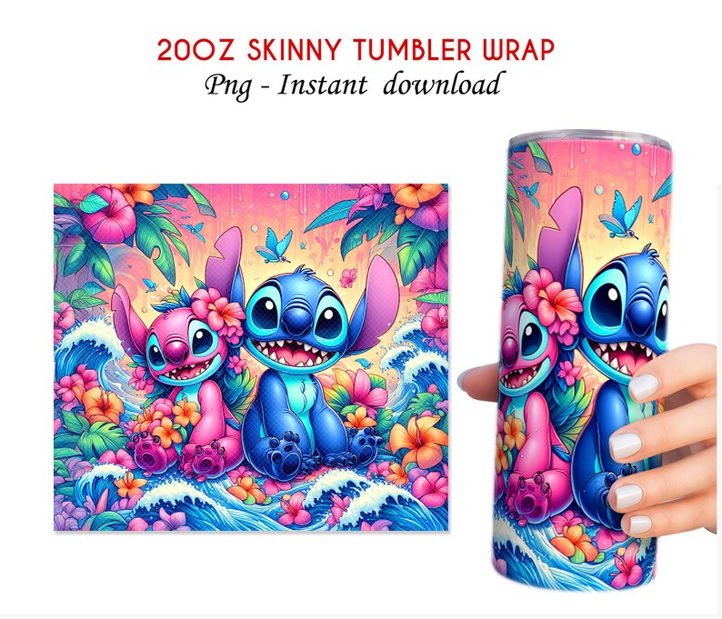 May include: A 20oz skinny tumbler wrap featuring a colorful illustration of two cartoon characters, one blue and one pink, surrounded by tropical flowers and waves. The design includes the text "20OZ SKINNY TUMBLER WRAP Png - Instant download".