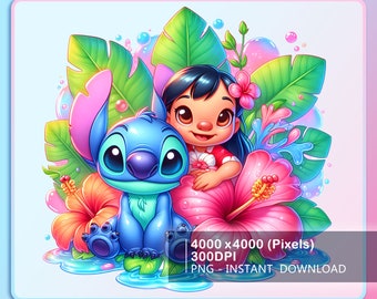 Lilo Stitch Summer Vibes Watercolor Splash Png, Stitch Floral Png, Cartoon Rainbow Aesthetic, PNG Digital File Instant Download