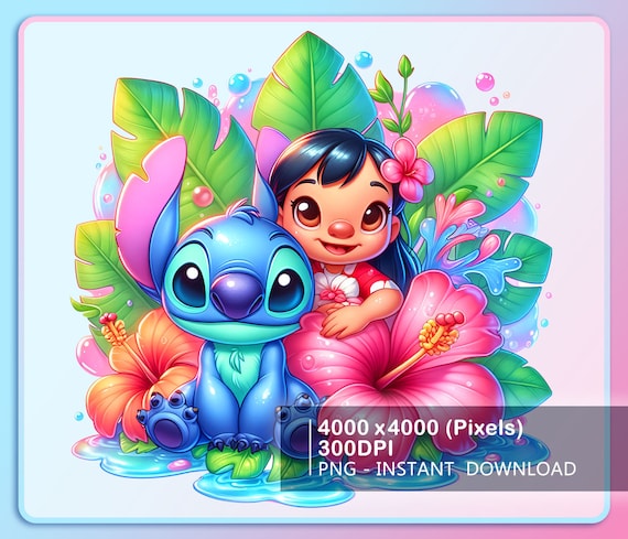 Lilo Stitch Summer Vibes Watercolor Splash Png, Stitch Floral Png, Cartoon Rainbow Aesthetic, PNG Digital File Instant Download