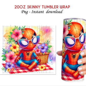 May include: A digital design featuring a cartoon Spiderman wearing sunglasses and sitting on a picnic blanket with flowers and a basket. The design is for a 20 oz skinny tumbler wrap.