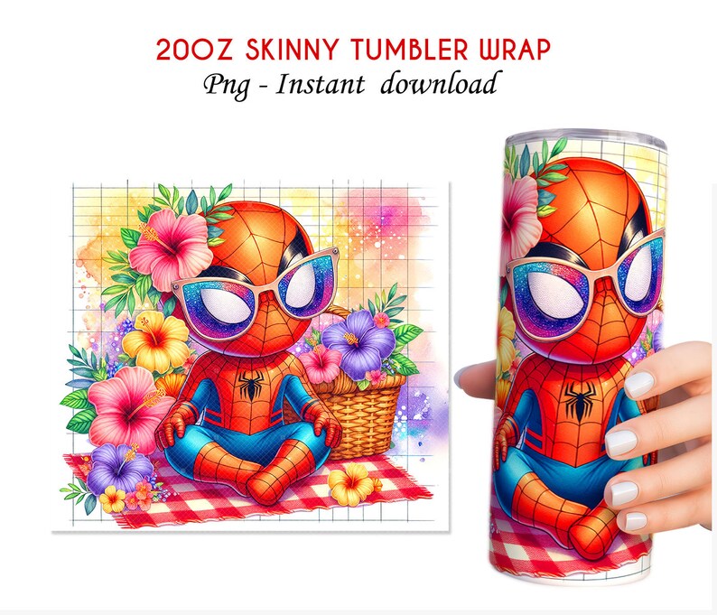 May include: A digital design featuring a cartoon Spiderman wearing sunglasses and sitting on a picnic blanket with flowers and a basket. The design is for a 20 oz skinny tumbler wrap.