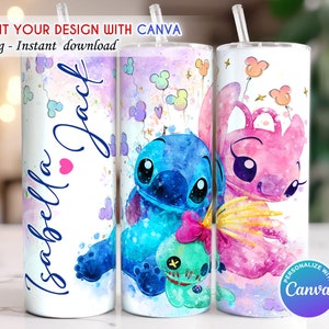 May include: Two sublimation tumblers with a watercolor design of Stitch and Angel from Lilo & Stitch. The tumblers are white with a pink and blue background. The text "Isabella Jack" is on the left tumbler. The text "Personalize with Canva" is on the right tumbler.