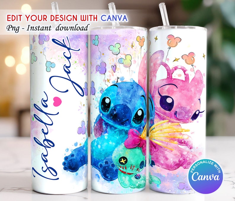 May include: Two sublimation tumblers with a watercolor design of Stitch and Angel from Lilo & Stitch. The tumblers are white with a pink and blue background. The text "Isabella Jack" is on the left tumbler. The text "Personalize with Canva" is on the right tumbler.