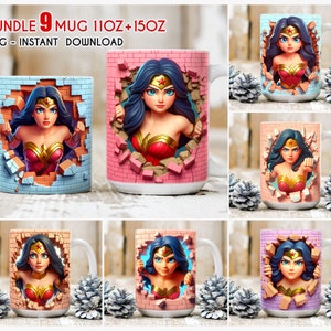 May include: Bundle of 9 sublimation designs featuring Wonder Woman breaking through a brick wall. The designs are for 11oz and 15oz mugs. PNG - Instant Download.