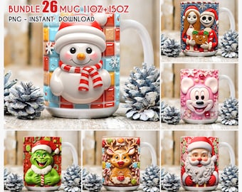 Bundle 26 Files 3D Christmas Mug Wrap, 11oz 15oz Christmas Mug Wrap, 3D Mug Wrap, Christmas Mug Wrap, Christmas Tumbler, Instant Download