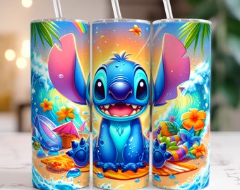 Sunset Summer Stitch Tumbler Design PNG, Stitch Tumbler Wraps 20oz Skinny Sublimation Digital Downloads, Stitch Design Sublimation PNG