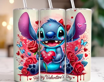 Stitch Valentinstag Tumbler Wrap, niedlicher Charakter, Herzen & Rosen Sublimationsdesign, 20 Unzen Skinny Tumbler Digitale Datei, Romantische Geschenkidee