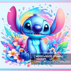 Stitch Floral Watercolor Splash, Clipart Images, Graphics and Artwork, Stitch Summer Aesthetic, PNG Cute Birthday Images