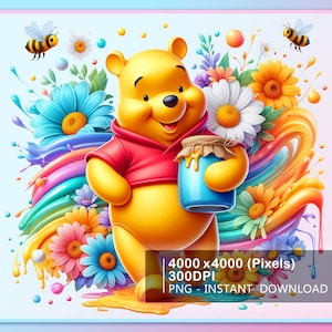Pooh Floral Watercolor Splash Png, Pooh Floral Summer Clipart Png, Pooh Png, Summer Vibes Png, Cute Pooh Bear Png Instant Download