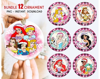 Bundle Princess Christmas Ornament Png, Pink Christmas Ornament, Round Ornament Sublimation,Christmas Ornament PNG,Princess PNG,Ornament PNG