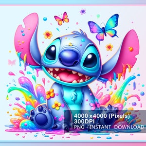 Stitch bloemen en vlinders aquarel splash, clipartafbeeldingen, graphics en artwork, Stitch Summer Aesthetic, schattige verjaardagsafbeeldingen png