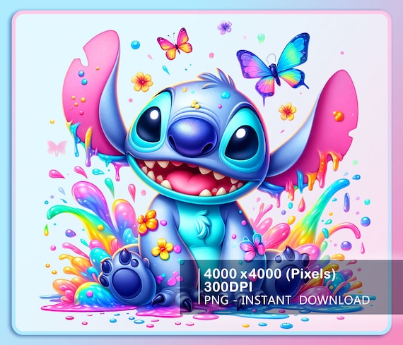 Stitch Floral and Butterflies Watercolor Splash, Clipart Images, Graphics and Artwork, Stitch Summer Aesthetic, PNG Cute Birthday Images