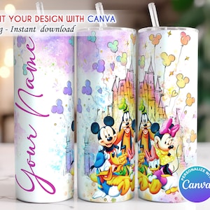 May include: A white tumbler with a watercolor design of a castle, balloons, and Disney characters. The characters include Mickey Mouse, Minnie Mouse, Donald Duck, Goofy, and Pluto. The tumbler has a pink and purple watercolor background with the text "Your Name" in pink.