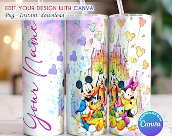 Personalized Cartoon Tumbler Wrap, 20oz Skinny Tumbler Wrap, Custom Name Tumbler Wrap,Canva Editable, Canva Template, PNG Instant Download