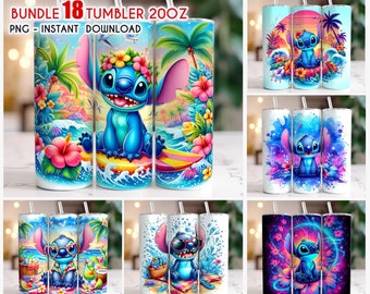 Pacchetto Stitch Summer Beach Tumbler Wrap, Tumbler sottile da 20 once, Tumbler floreale Stitch, Sublimazione tumbler, Pacchetto tumbler, Download Png