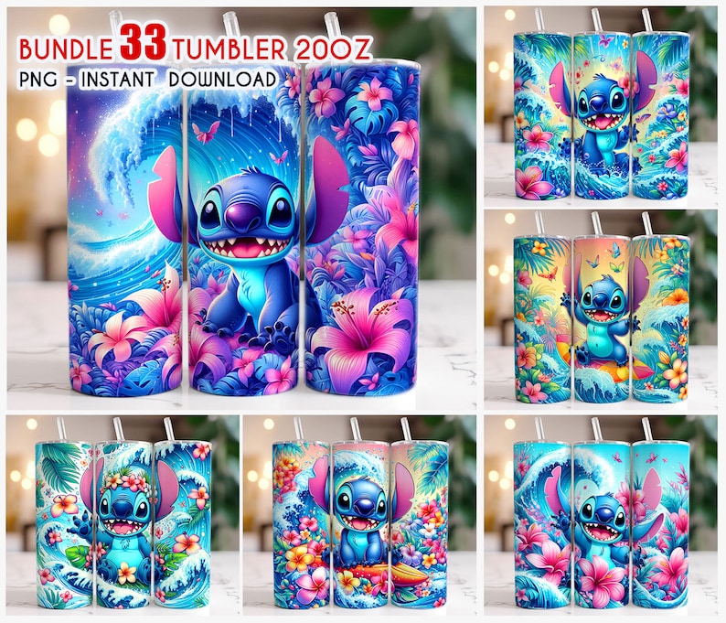 May include: Set of 33 sublimation designs featuring Stitch from Lilo & Stitch. The designs feature Stitch in various poses with tropical flowers and a blue ocean wave background. The designs are perfect for creating custom tumblers, mugs, and other personalized items.