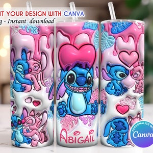 3D Cartoon Valentine Tumbler Wrap, Aufgeblasener Valentine Tumbler, 20 Unzen Skinny Tumbler, Stitch Valentine Tumbler, Canva Editable, Canva Template