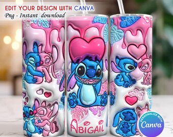 3D Cartoon Valentine Tumbler Wrap, Inflated Valentine Tumbler, 20oz Skinny Tumbler, Stitch Valentine Tumbler, Canva Editable, Canva Template