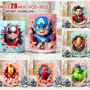 May include: Set of 28 superhero-themed mugs. Each mug features a different superhero character breaking through a brick wall. The mugs are available in 11oz and 15oz sizes.  The characters include Ant-Man, Captain America, Doctor Strange, Thor, Iron Man, Spider-Man, and Hulk.