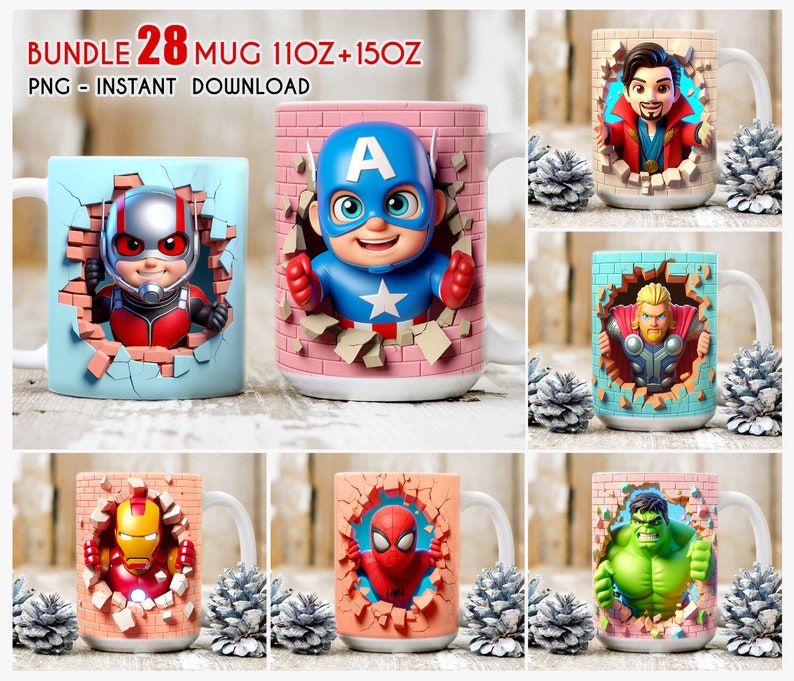 May include: Set of 28 superhero-themed mugs. Each mug features a different superhero character breaking through a brick wall. The mugs are available in 11oz and 15oz sizes.  The characters include Ant-Man, Captain America, Doctor Strange, Thor, Iron Man, Spider-Man, and Hulk.