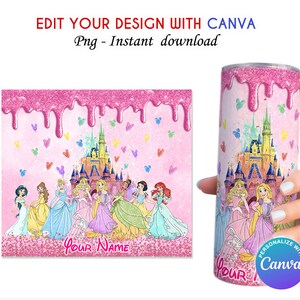May include: A pink glitter background with a dripping pink glitter effect. The background features a pink castle with a rainbow of hearts and a group of Disney princesses. The text "Your Name" is at the bottom of the image. The image is for a personalised tumbler.