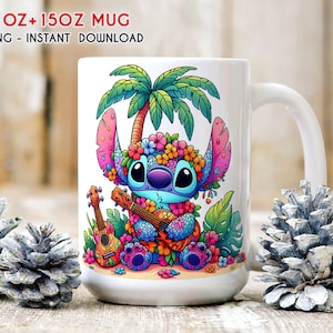 May include: A white ceramic mug with a colorful illustration of Stitch from Lilo & Stitch playing a ukulele. Stitch is surrounded by tropical flowers and palm trees. The mug has the text "11OZ + 15OZ MUG" and "PNG - INSTANT DOWNLOAD" printed on it.