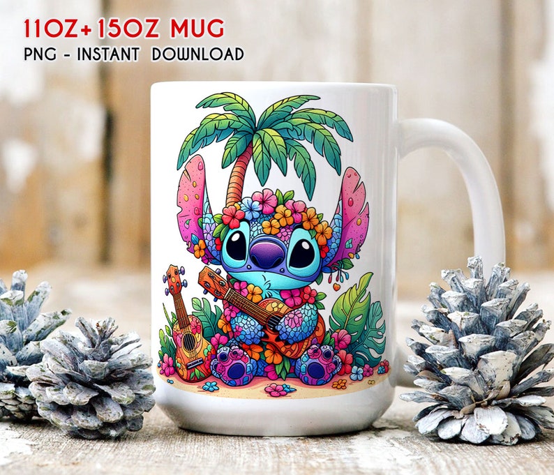 May include: A white ceramic mug with a colorful illustration of Stitch from Lilo & Stitch playing a ukulele. Stitch is surrounded by tropical flowers and palm trees. The mug has the text "11OZ + 15OZ MUG" and "PNG - INSTANT DOWNLOAD" printed on it.