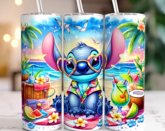 Stitch Beach Vibes Tumbler, Colorful Cartoon Tumbler Wrap, 20oz Tumbler Wrap, Summer Beach Tumbler, Floral Tumbler, Digital File PNG