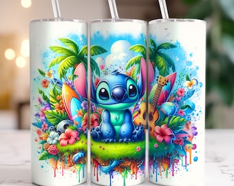 Stitch Summer 20oz Tumbler, 20oz Skinny Tumbler, Cartoon Tumbler Wrap, Tumbler Sublimatie, Volledige Tumbler Wrap, Cartoon Movie Tumbler Png