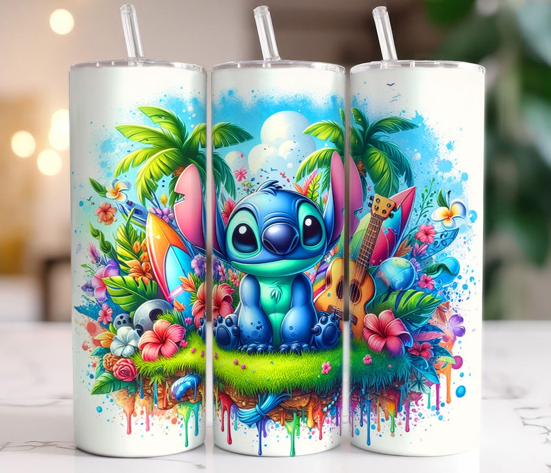 May include: A white tumbler with a colourful design featuring Stitch from Lilo & Stitch. The design includes a surfboard, a ukulele, palm trees, and tropical flowers.