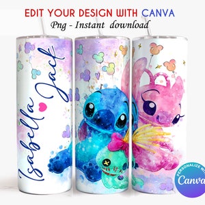 May include: A white tumbler with a watercolor design of Stitch and Angel from Lilo & Stitch. The tumbler has a pink, blue, and yellow background with white clouds and Mickey Mouse ears. The text "Isabella Jack" is written on the tumbler.
