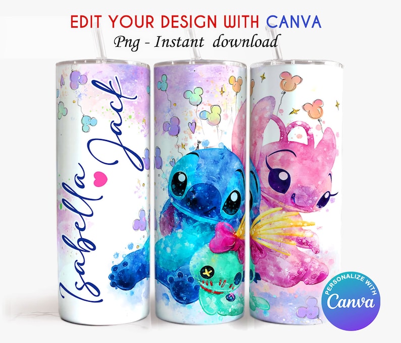 May include: A white tumbler with a watercolor design of Stitch and Angel from Lilo & Stitch. The tumbler has a pink, blue, and yellow background with white clouds and Mickey Mouse ears. The text "Isabella Jack" is written on the tumbler.