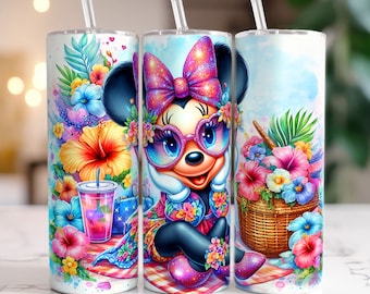 Cartoon Mouse Tumbler Wrap PNG, Vaso flaco de 20 oz, Minnie Tumbler Wrap, Vaso floral, Sublimación de vaso, Descarga PNG