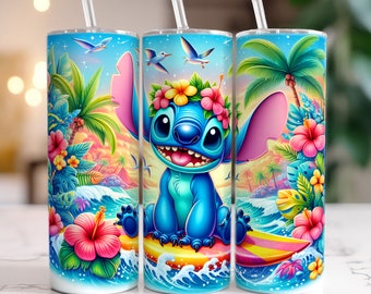 Stitch Summer 20oz Tumbler, 20oz Skinny Tumbler, Cartoon Tumbler Wrap, Beach Tumbler Sublimation, Full Tumbler Wrap, Tumbler Png