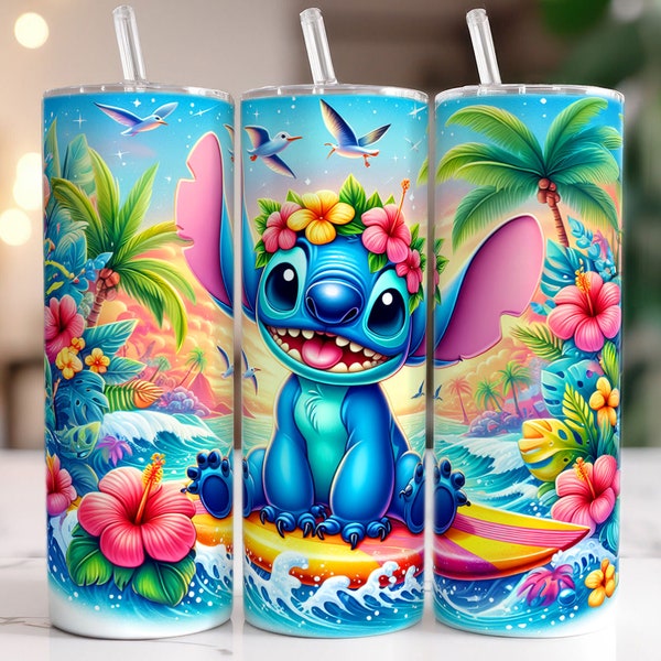 Gobelet Stitch Summer 20 oz, gobelet skinny 20 oz, emballage de verre de dessin animé, sublimation de gobelet de plage, emballage de verre complet, image png