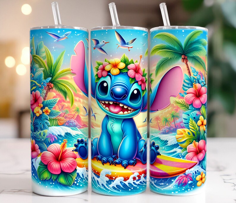 Stitch Summer 20oz Tumbler, 20oz Skinny Tumbler, Cartoon Tumbler Wrap, Beach Tumbler Sublimation, Full Tumbler Wrap, Tumbler Png zdjęcie 1