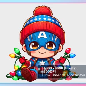 Puede incluir: Ilustración de dibujos animados de un bebé vestido como el Capitán América, con un gorro de invierno azul y rojo. El bebé sostiene una cadena de luces navideñas de colores. La imagen incluye el texto "4000 x 4000 (Pixels) 300DPI PNG - INSTANT DOWNLOAD."