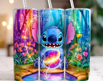 Stitch In Magic Forest Tumbler Wrap, Stitch Tumbler Png, 20oz Skinny Tumbler, Tumbler Sublimation, Tumbler Wrap PNG Download
