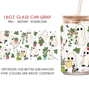 Cute Ghost Plan Tree Can Glass, Libbey Glass Can Wrap, Ghost Plant Png, Halloween Plants,Halloween Ghost Png,Halloween Gift for Plant Lovers