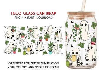 Cute Ghost Plan Tree Can Glass, Libbey Glass Can Wrap, Ghost Plant Png, Halloween Plants,Halloween Ghost Png,Halloween Gift for Plant Lovers