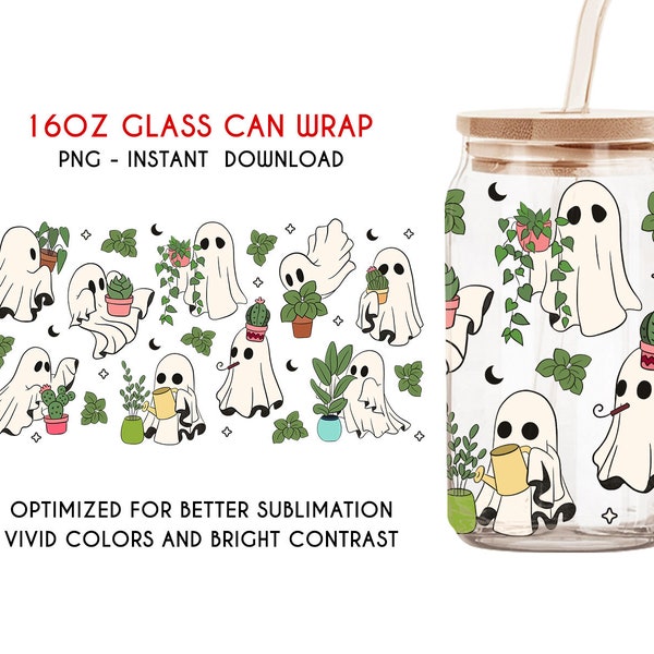 Cute Ghost Plan Tree Can Glass, Libbey Glass Can Wrap, Ghost Plant Png, Halloween Plants,Halloween Ghost Png,Halloween Gift for Plant Lovers